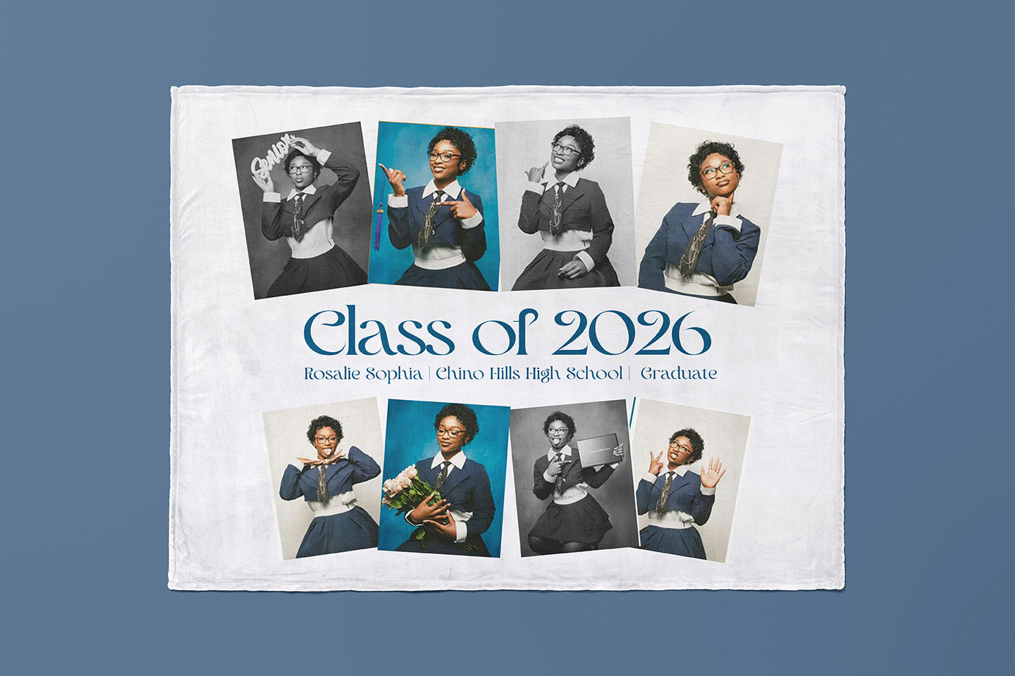 Promotional poster for Rosalie Stephen's Class of 2026 at Chino Hills High School on a blue background.