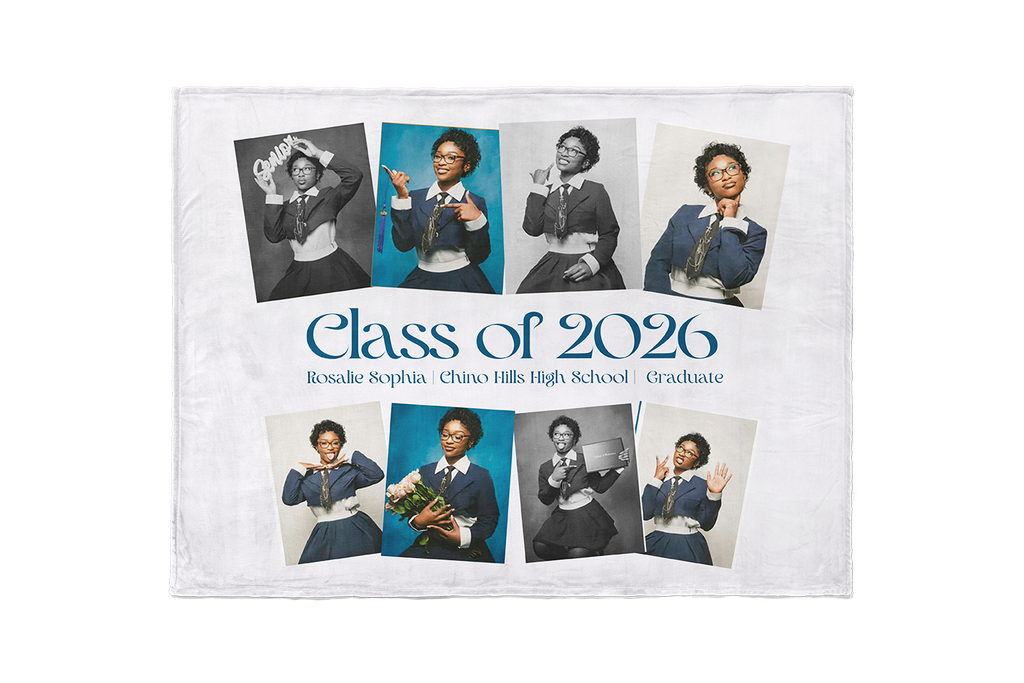 Graduation-themed product with portraits of a young woman and text 'Class of 2026' on a white background