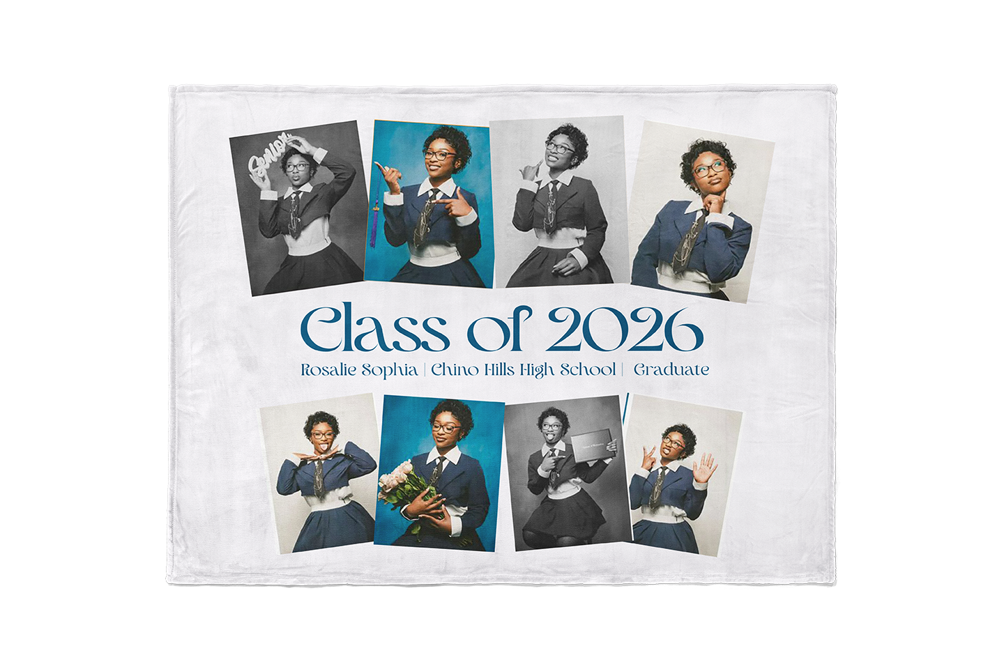 Graduation-themed product with portraits of a young woman and text 'Class of 2026' on a white background