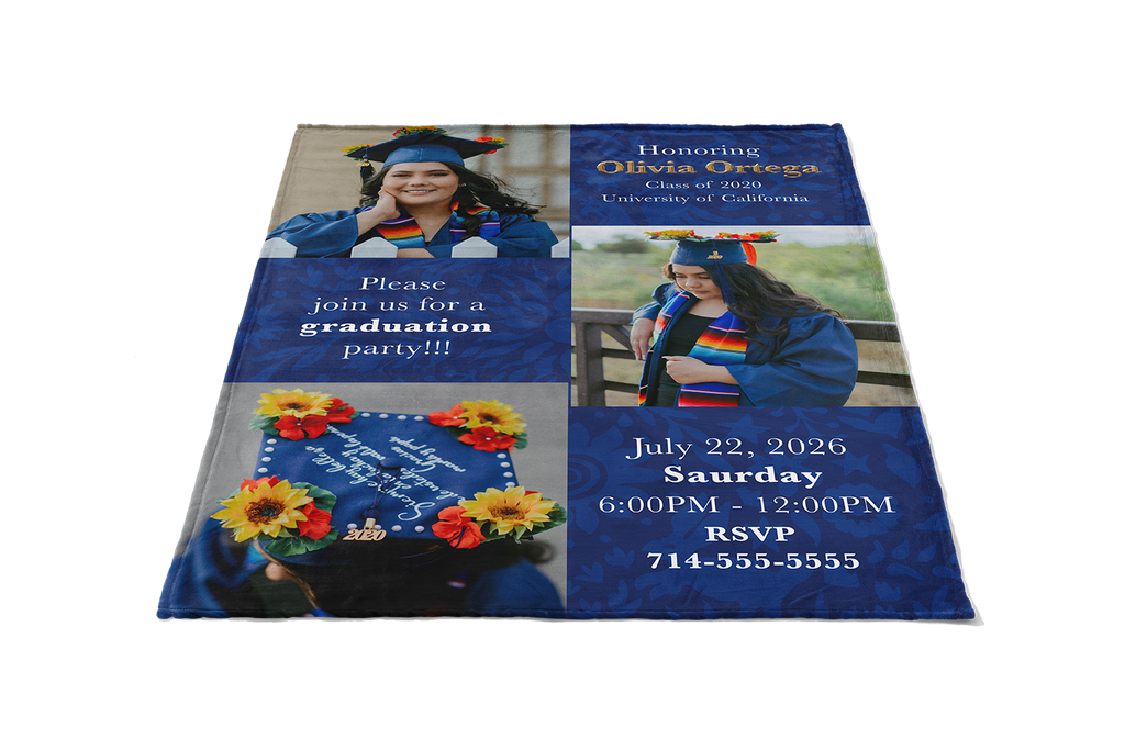Graduation party invitation with photos of a graduate and event details.