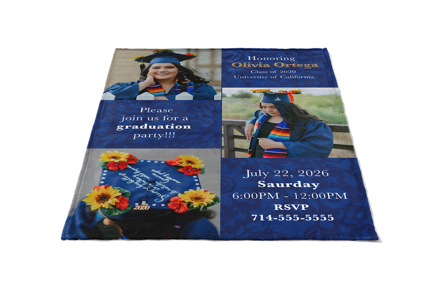 Graduation party invitation with photos of a graduate and event details.