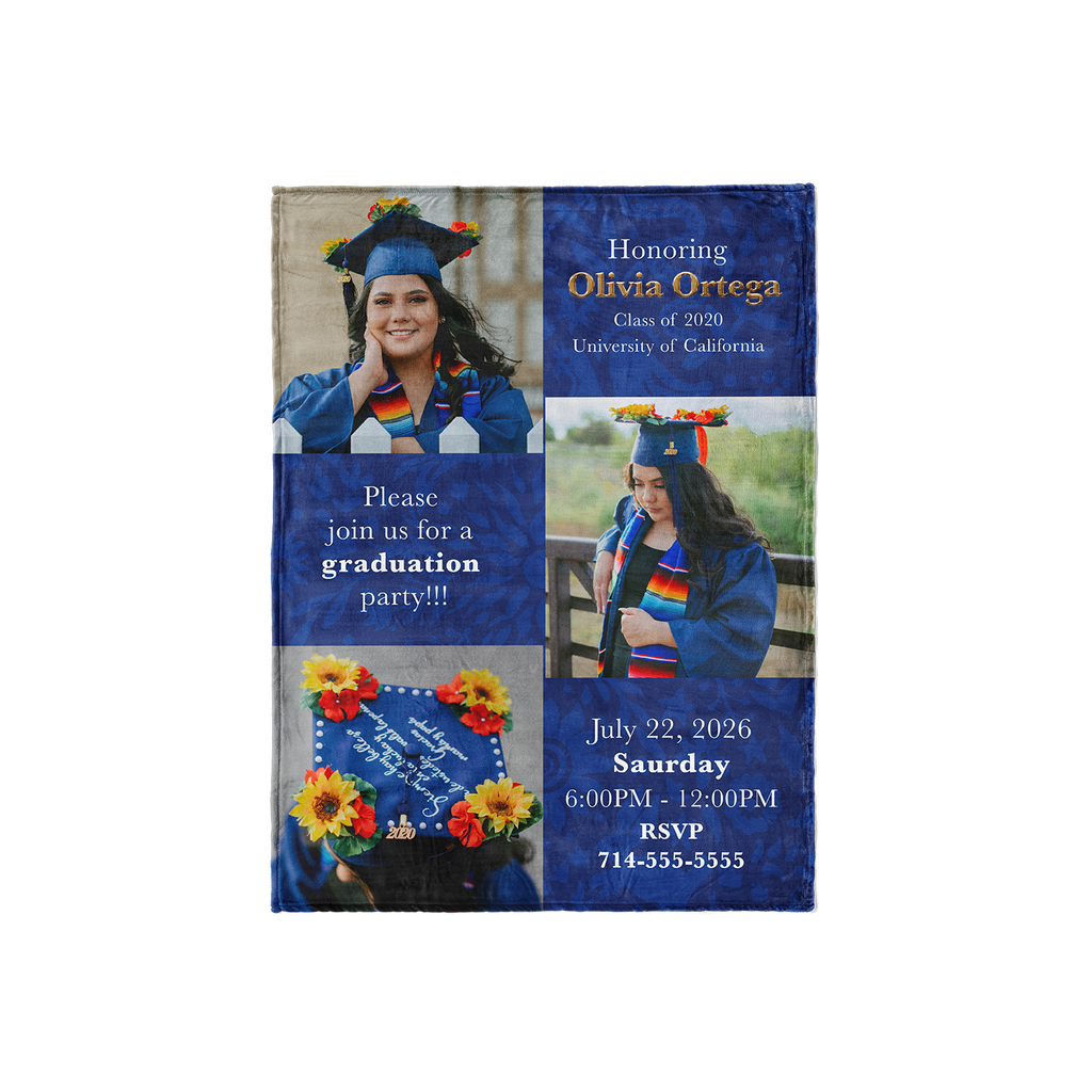 Graduation party invitation with a photo of a graduate and event details.