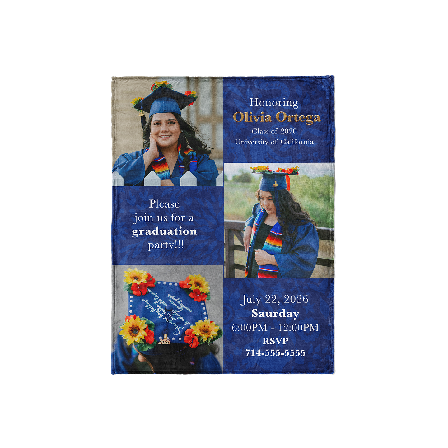 Graduation party invitation with a photo of a graduate and event details.