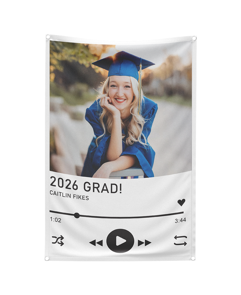 Graduation-themed decorative banner with a photo of a graduate and '2026 Grad!' text.