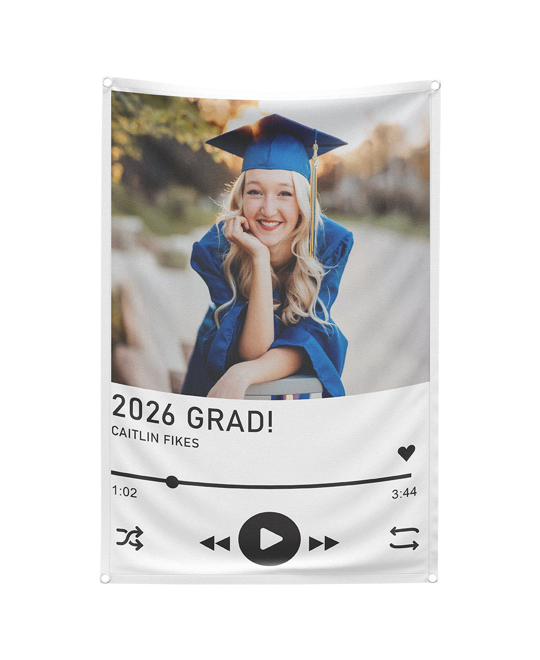 Graduation-themed decorative banner with a photo of a graduate and '2026 Grad!' text.