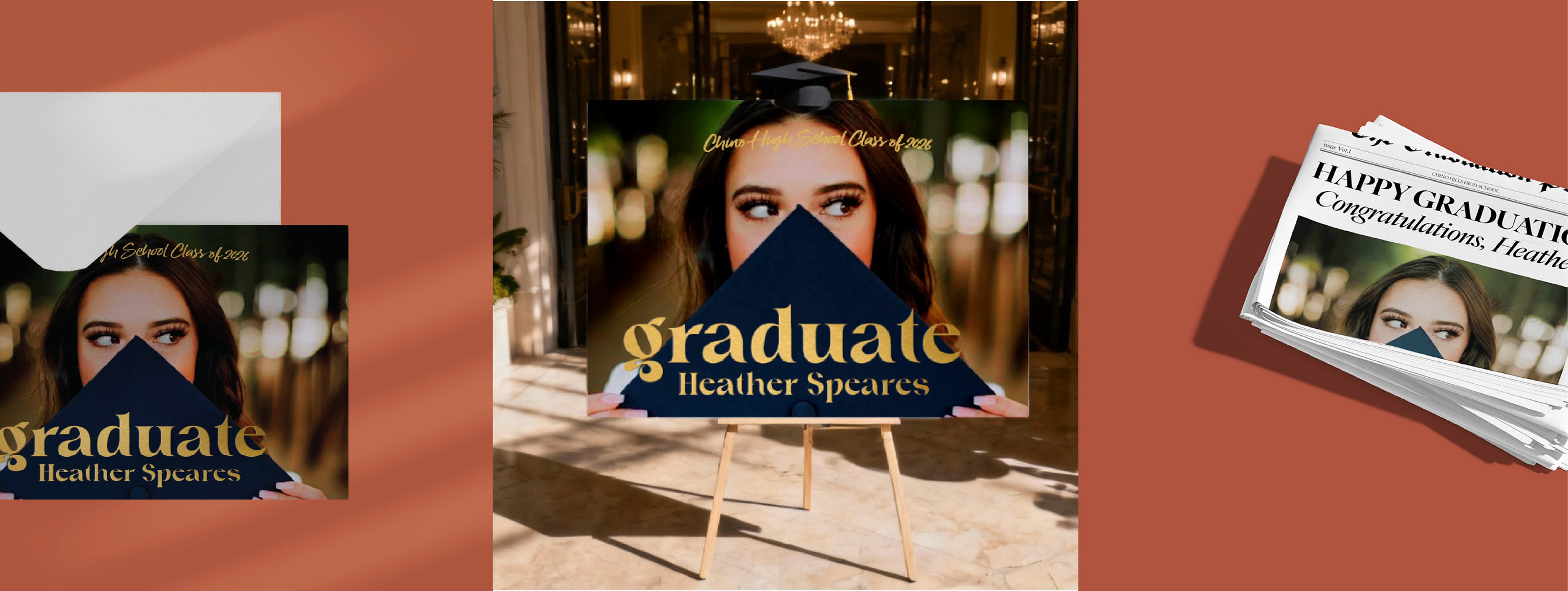 Graduation-themed promotional items including a card, poster, and newspaper on a brown background.