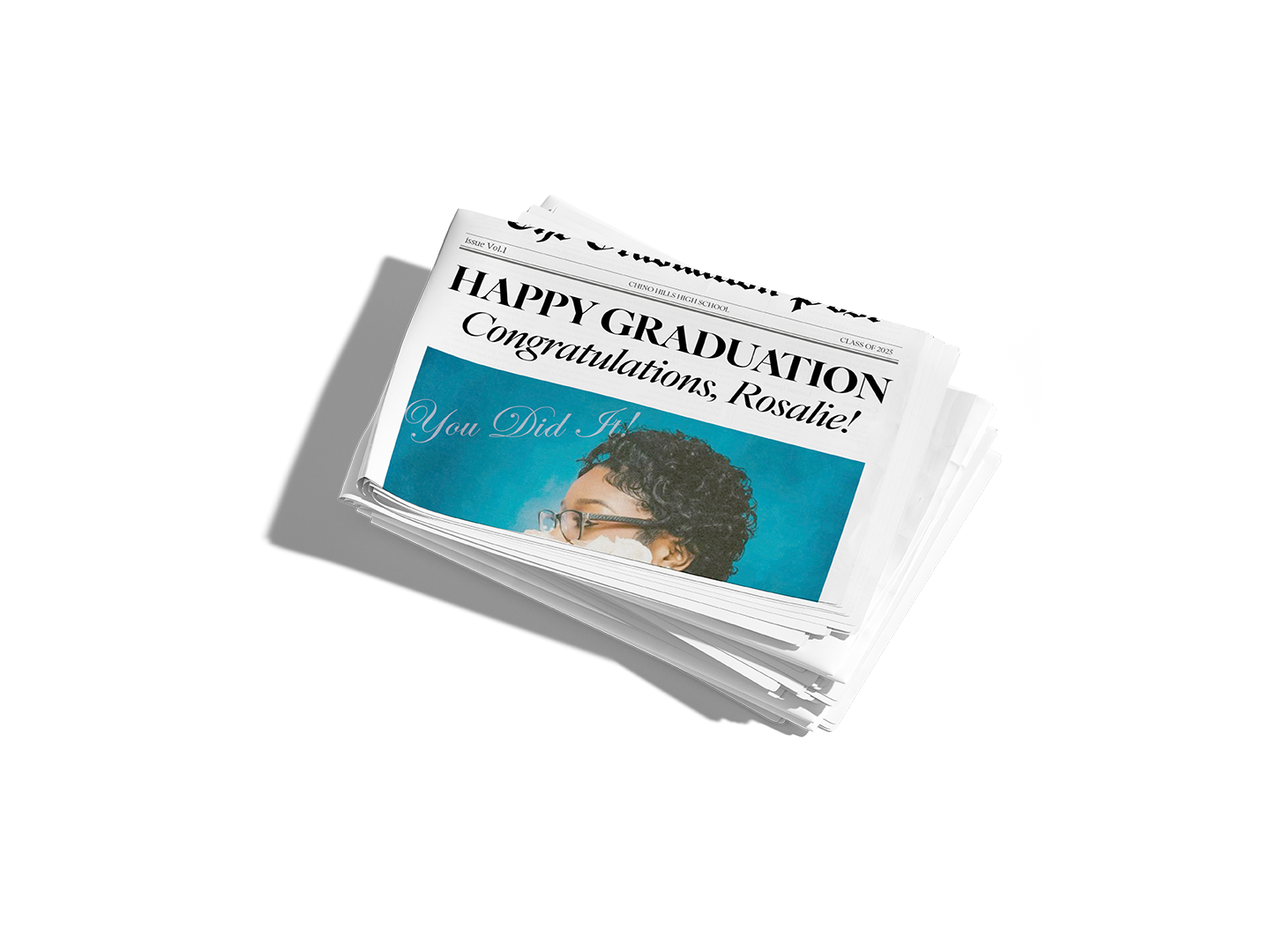 Stack of graduation-themed greeting cards with a personalized message on a white background