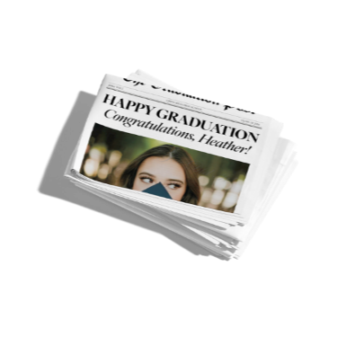 Stack of newspapers with a graduation congratulation message on a white background