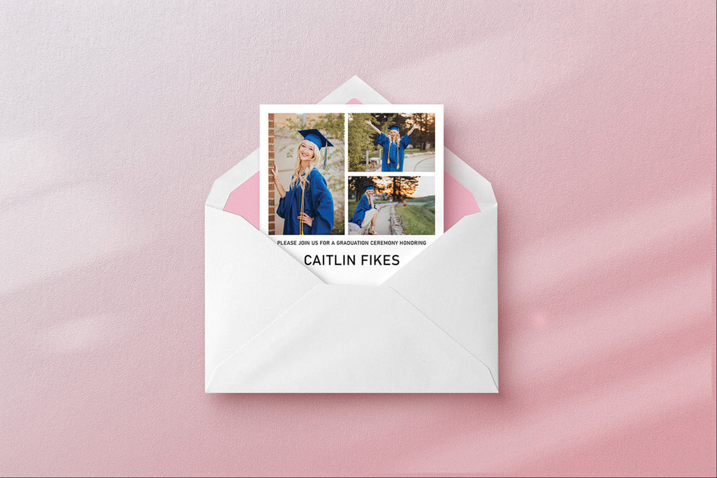 Graduation invitation with photos of a graduate in an envelope on a pink background