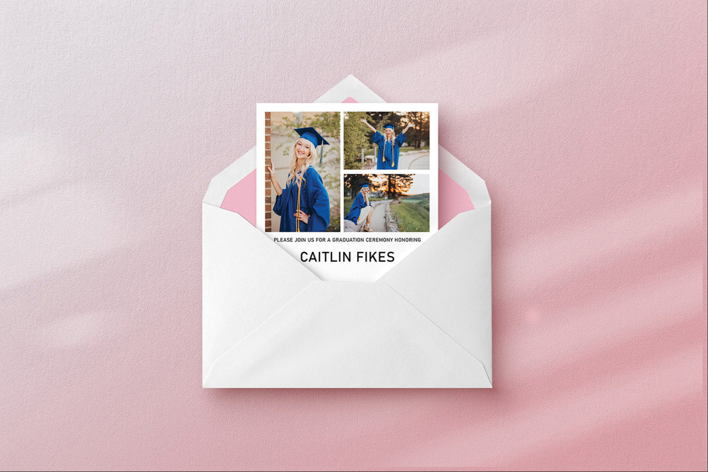 Graduation invitation with photos of a graduate in an envelope on a pink background