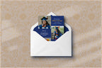 Graduation invitation card with photo of a graduate and a child on a decorative background