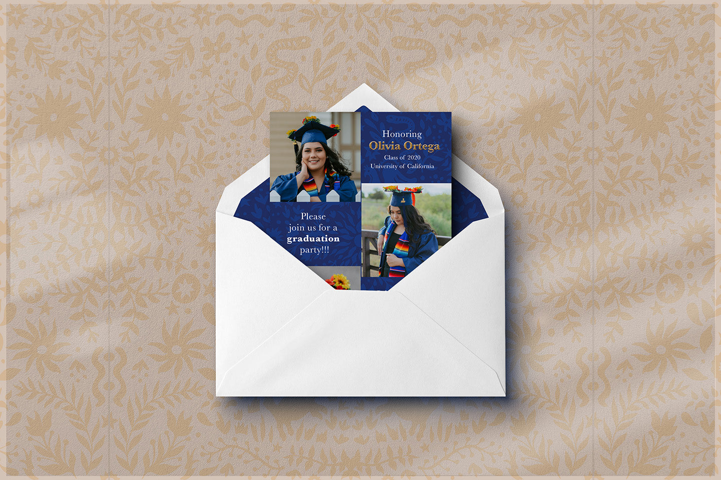 Graduation invitation card with photo of a graduate and a child on a decorative background