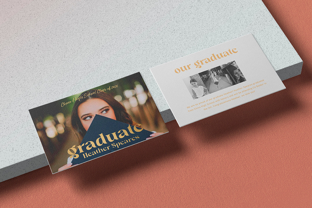Graduation-themed cards with a photo of a woman and text on a gradient background