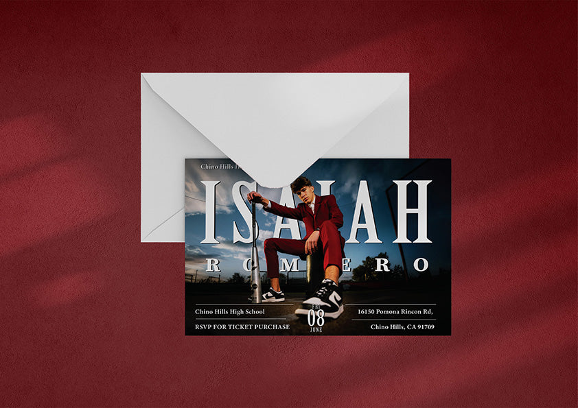 Invitation card with a person in a red suit and cap on a dark background, with an envelope on a red gradient background.