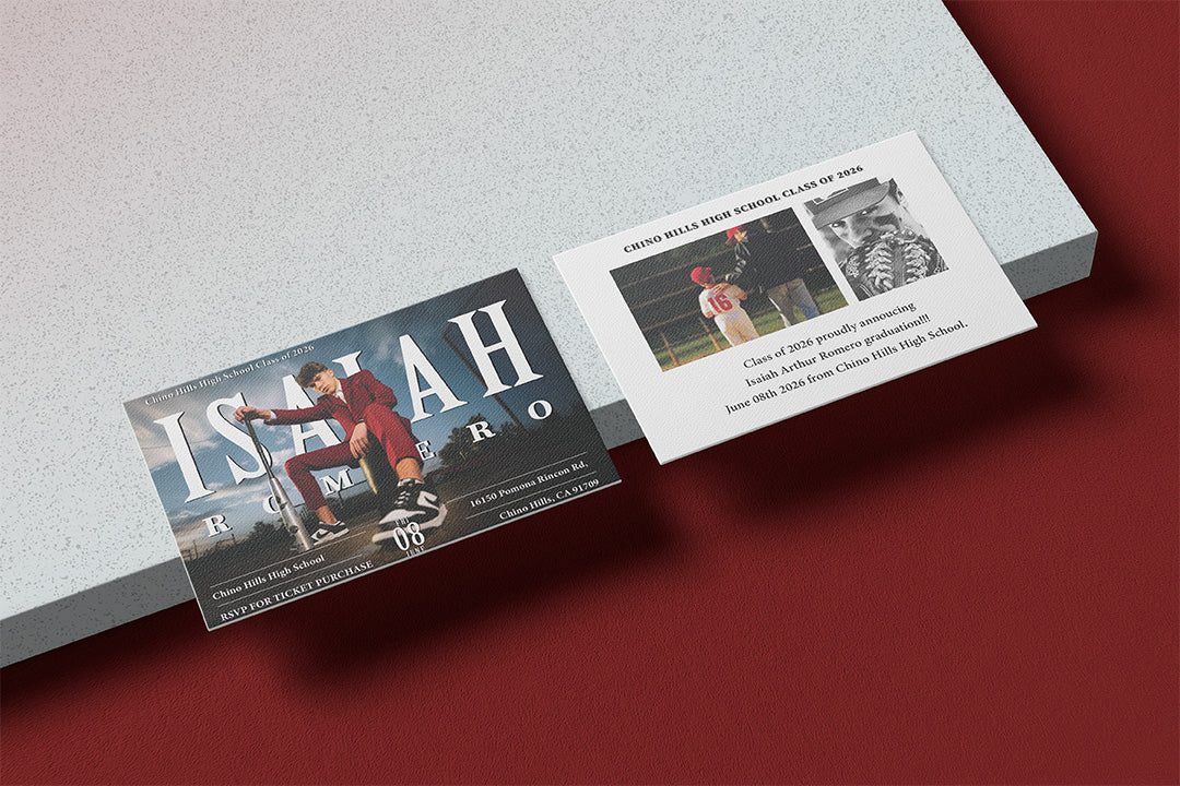 Two promotional cards on a red and gray surface