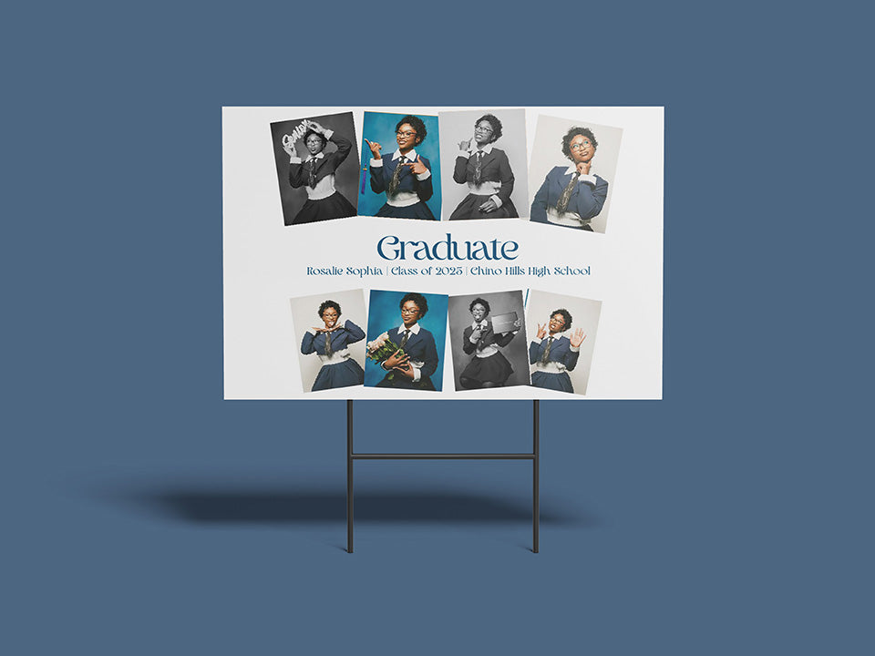 Graduation poster with portraits of graduates on a stand against a blue background