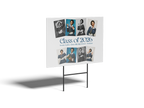 Graduation class photo display board with portraits of graduates on a white background
