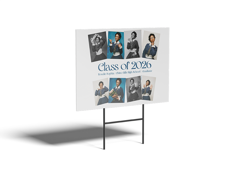 Graduation class photo display board with portraits of graduates on a white background