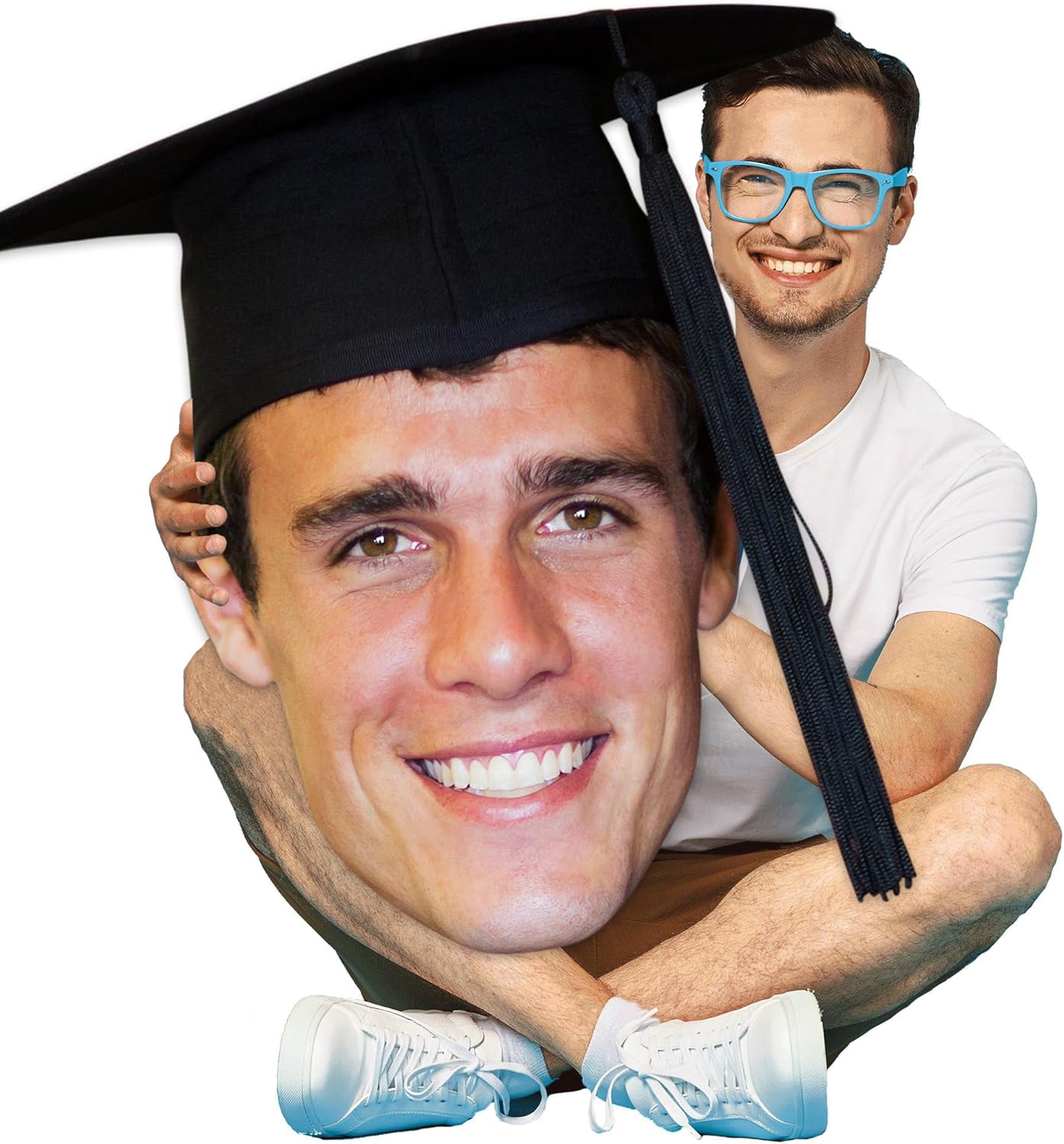 Person wearing a graduation cap with a large cutout of a smiling face on a white background